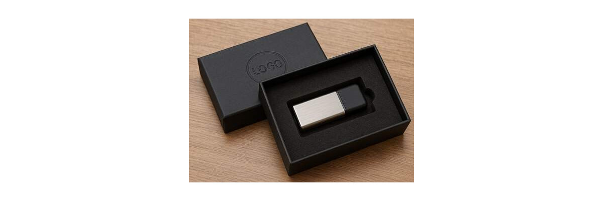 USB-Stick verpacken: Hochwertige Kartonage mit Logoprägung und Schaumstoffeinlage - USB-Stick edel verpacken mit Schaumstoffeinlage